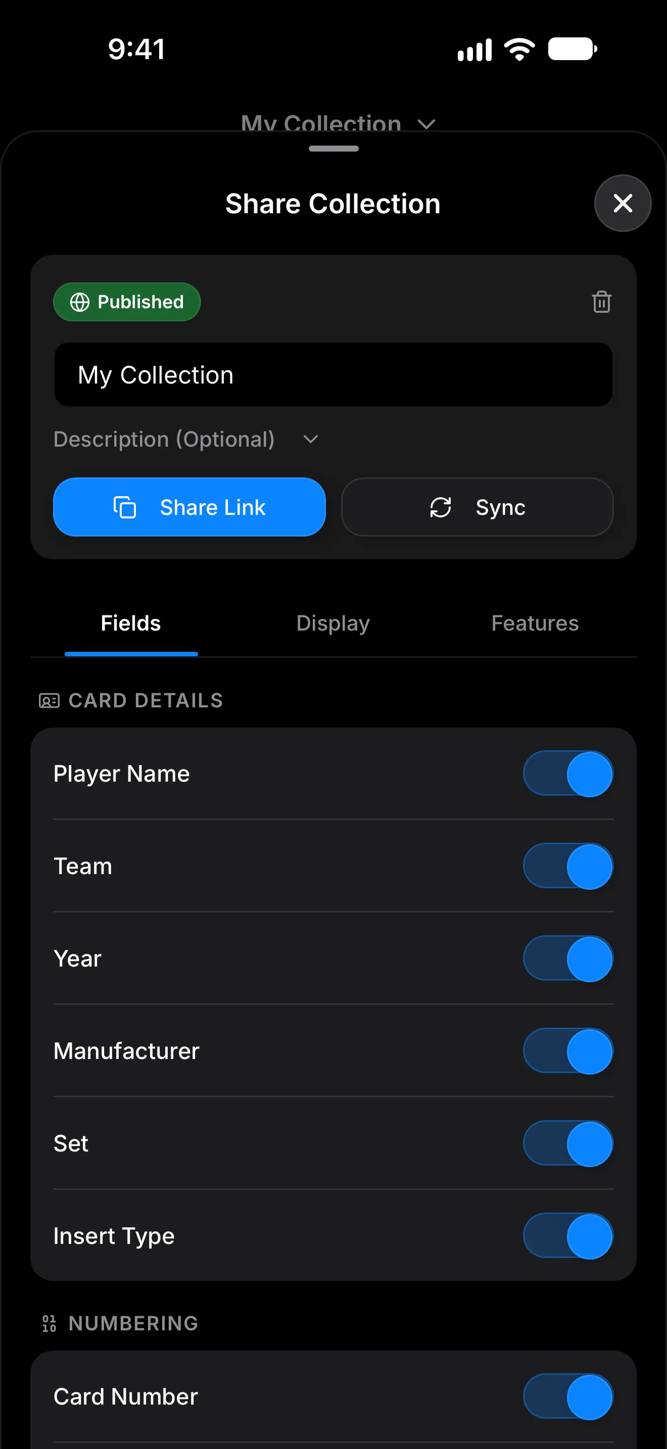 Share Collection panel on mobile with a share link and field toggles